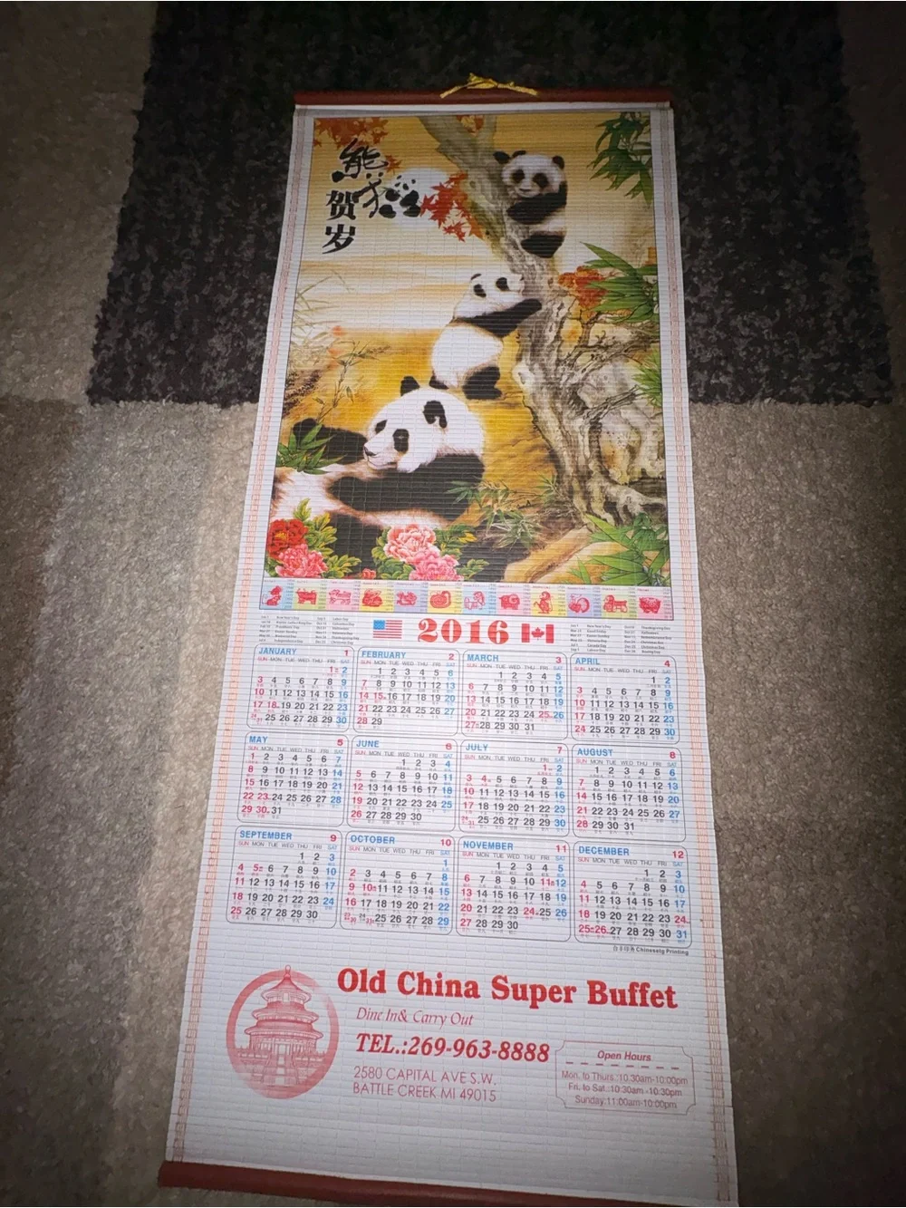 2016 Chinese Panda Scroll Style Hanging Calendar